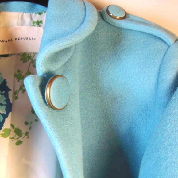 Vintage Banana Republic Full Length Wool Coat Lt Blue w/Floral Lining Epaulets - Picture 7 of 11